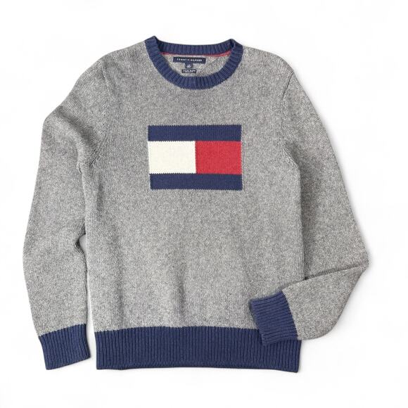 Tommy Hilfiger Crewneck Sweater Mens Large Flag Logo Preppy 90s Y2K Wool Gray L - Picture 1 of 8